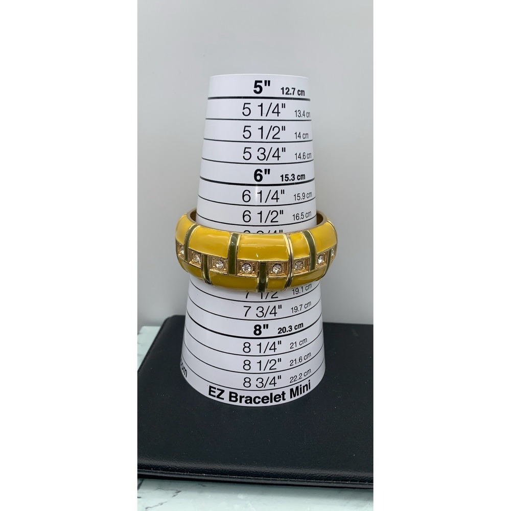Chunky Gold Tone & Yellow & Green Enamel Hinged Bangle Bracelet With Rhinestones - Picture 4 of 4
